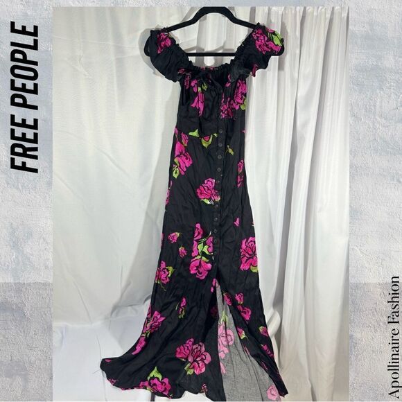 FREE PEOPLE SHE’S A DREAM MAXI DRESS SP IN BLACK COMBO PINK FLORAL PRINT NWOT - Picture 6 of 7
